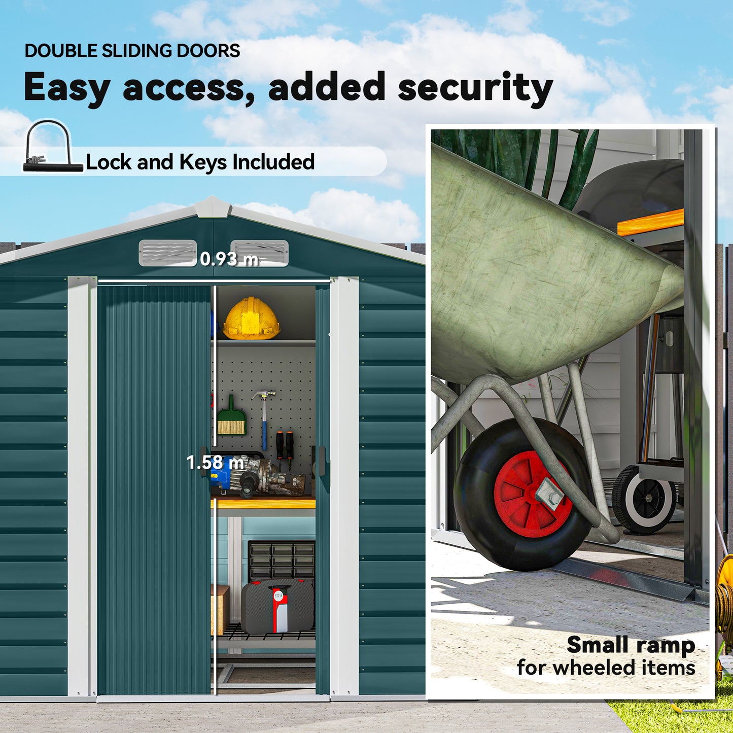 Outsunny 7 x 4 Ft Garden Shed Easy to Assemble Upgraded Galvanised Steel Frame Double Doors Lock Vents Green