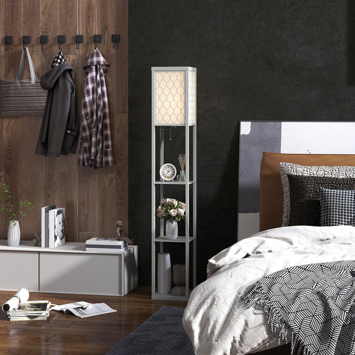 HOMCOM Three Shelf Standing Lamp Grey And White Finish With Integrated Shelves For Storage