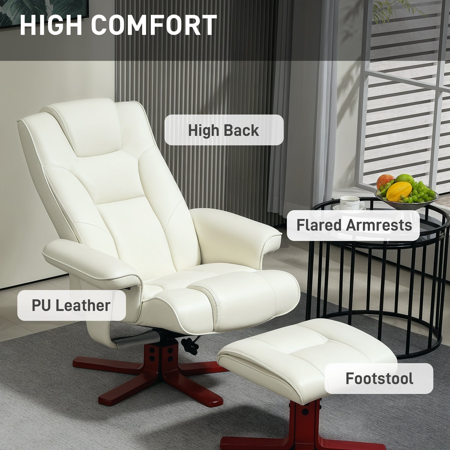 HOMCOM Faux Leather Manual Recliner and Footstool Set in Cream White 135 Degree Backrest