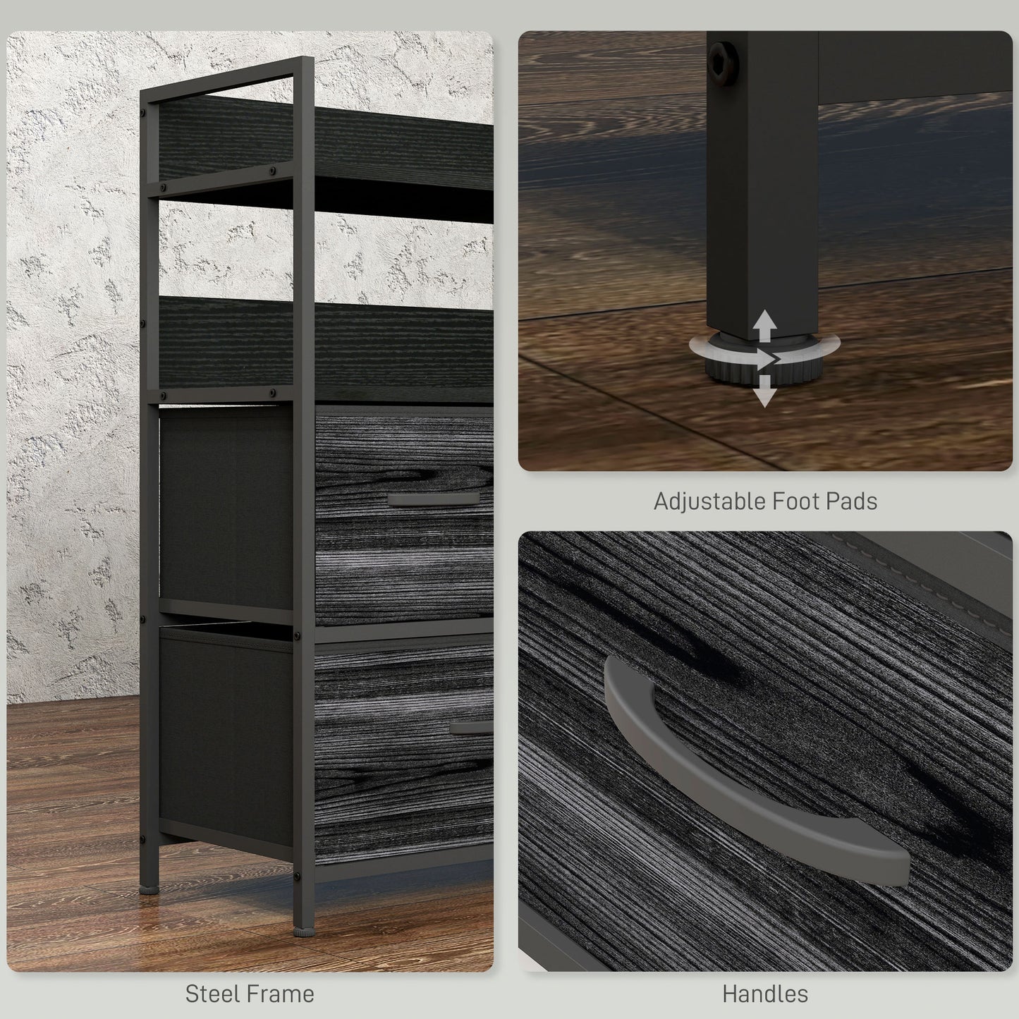 HOMCOM Rustic Chest Of Five Fabric Drawers Black Industrial Storage Solution For Bedroom