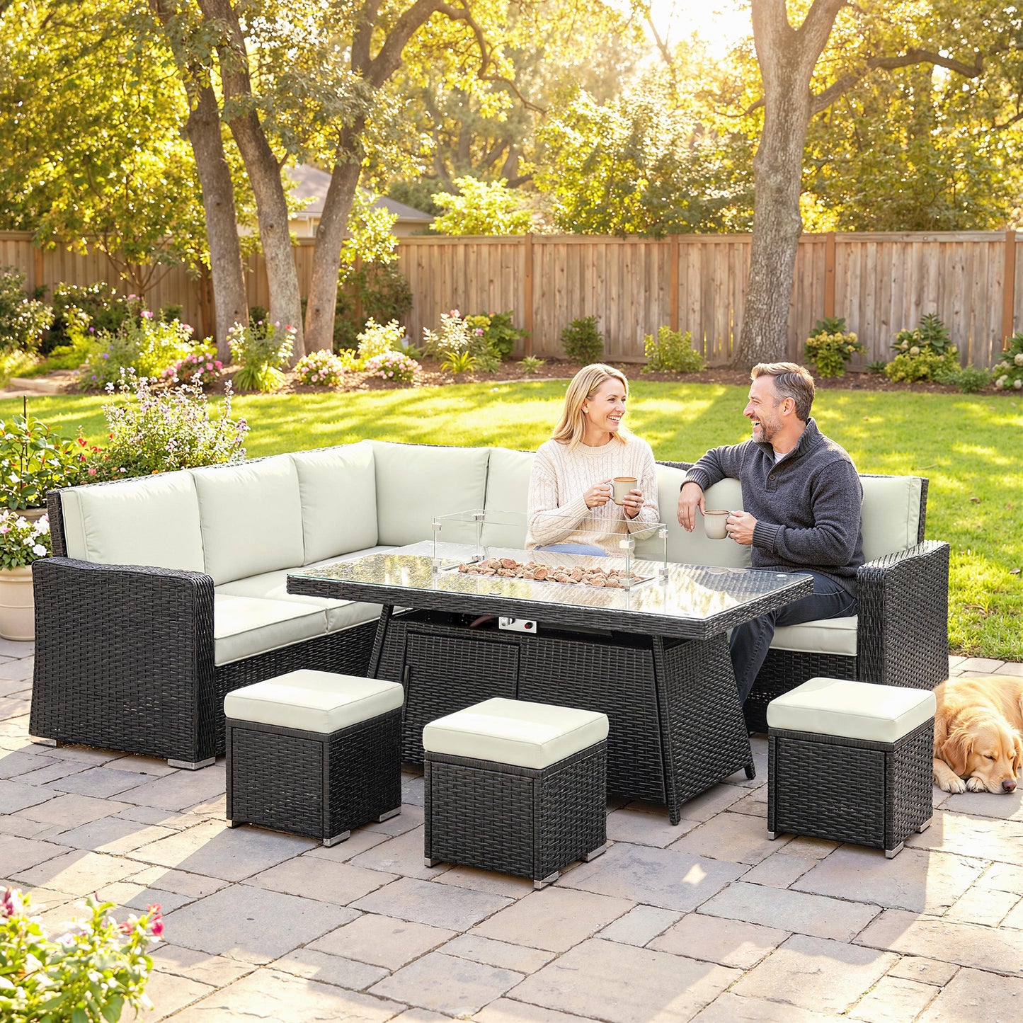 Outsunny 7 Piece PE Rattan Garden Furniture Set With 50,000 BTU Gas Fire Pit Table Double Corner Sofa And 3 Footstools