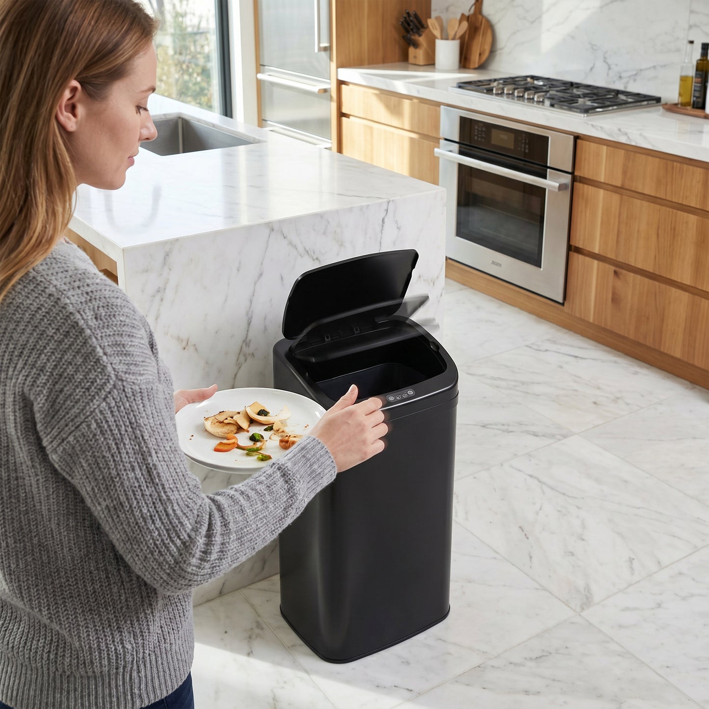 HOMCOM 48L Sensor Bin with Infrared Auto Open Lid Black Galvanised Steel Construction for Hygienic Waste Disposal