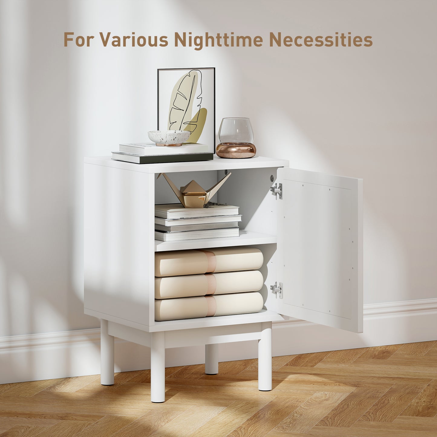 HOMCOM Rattan Bedside Table White Two Tier With Adjustable Shelves Arch Door Non Slip Wood Legs