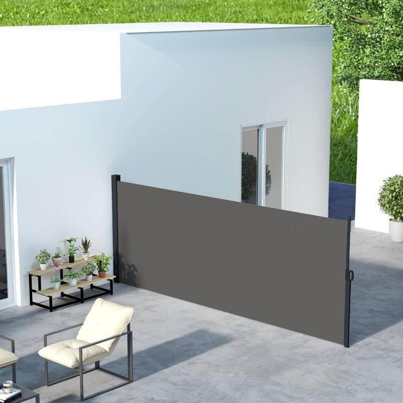 Dark grey retractable side privacy awning with metal frame, installed on patio