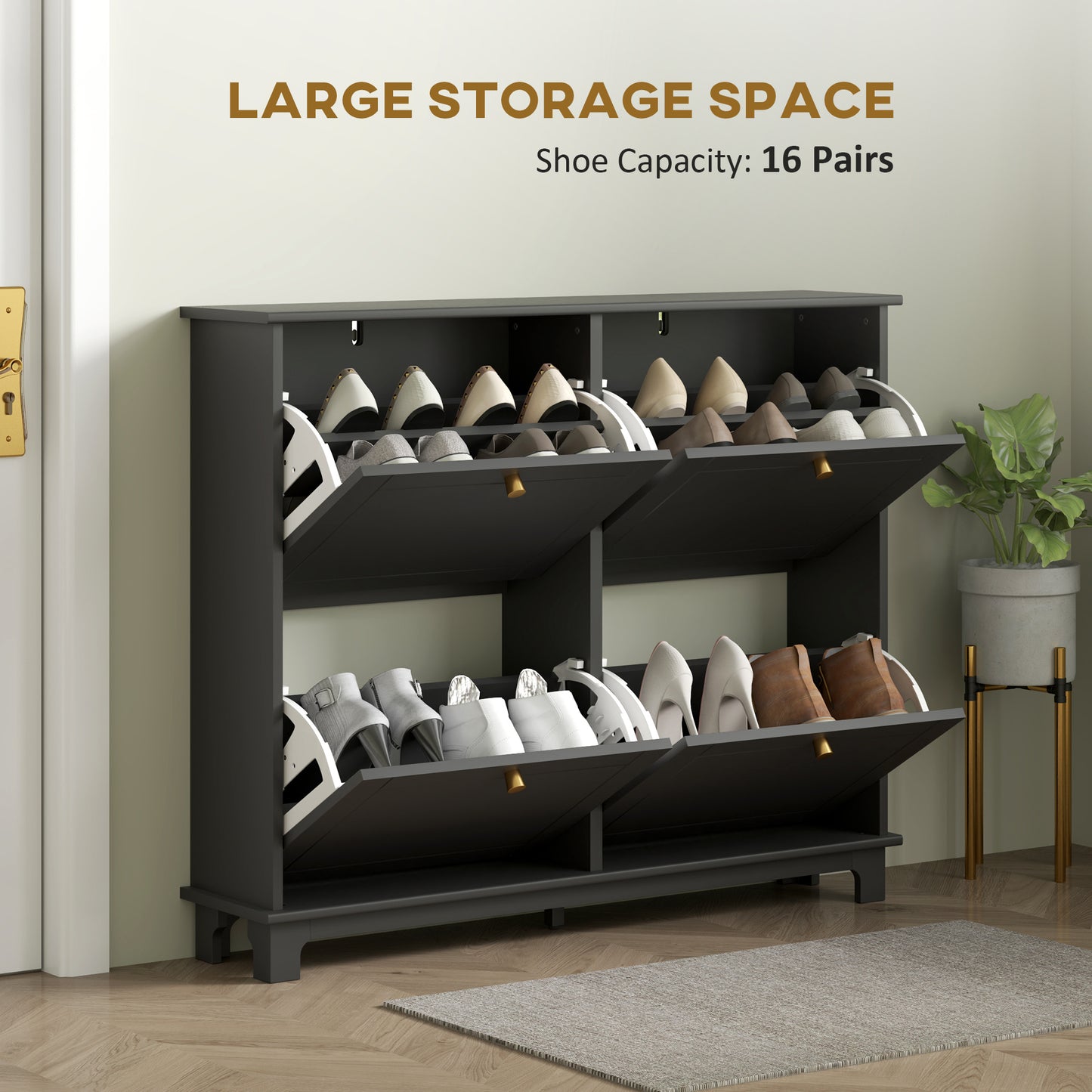 HOMCOM Slim Narrow Shoe Storage Cabinet With Four Flip Drawers And Adjustable Shelves Holds 16 Pairs Of Shoes Black
