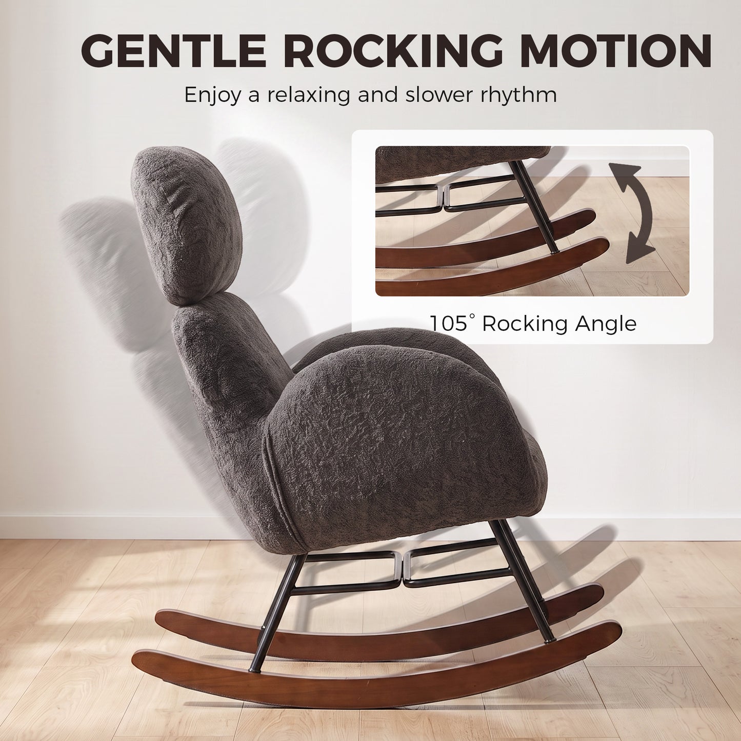 HOMCOM Dark Grey Velvet Rocking Chair With Adjustable Headrest Rubberwood Base