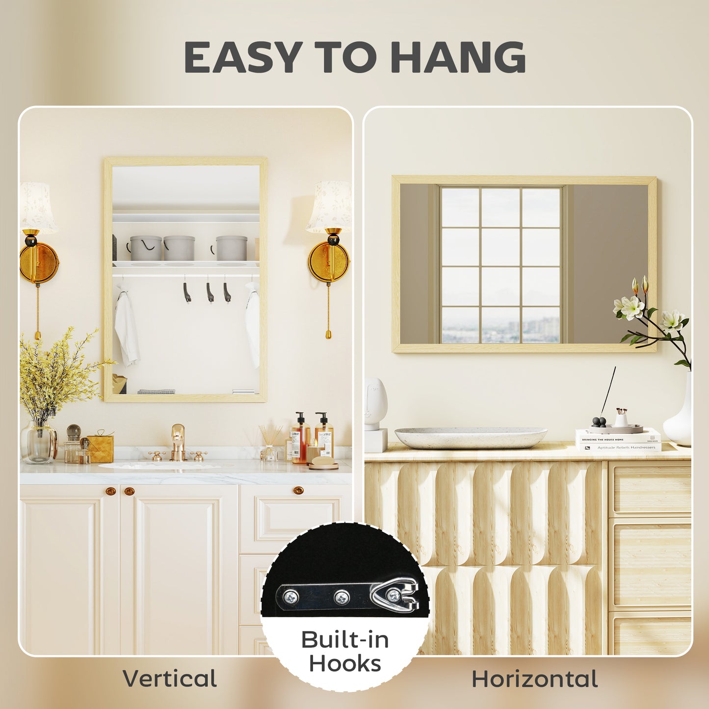 HOMCOM Wall Mounted Mirror 60 x 40 cm Natural Wood Finish for Bathroom Living Room Bedroom Hallway