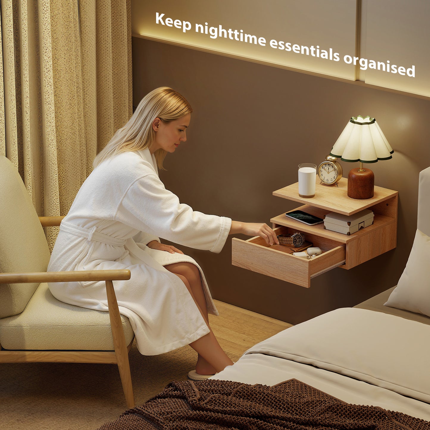 HOMCOM Set Of Two Floating Oak Bedside Tables With Drawers Open Shelf And Space Saving Design