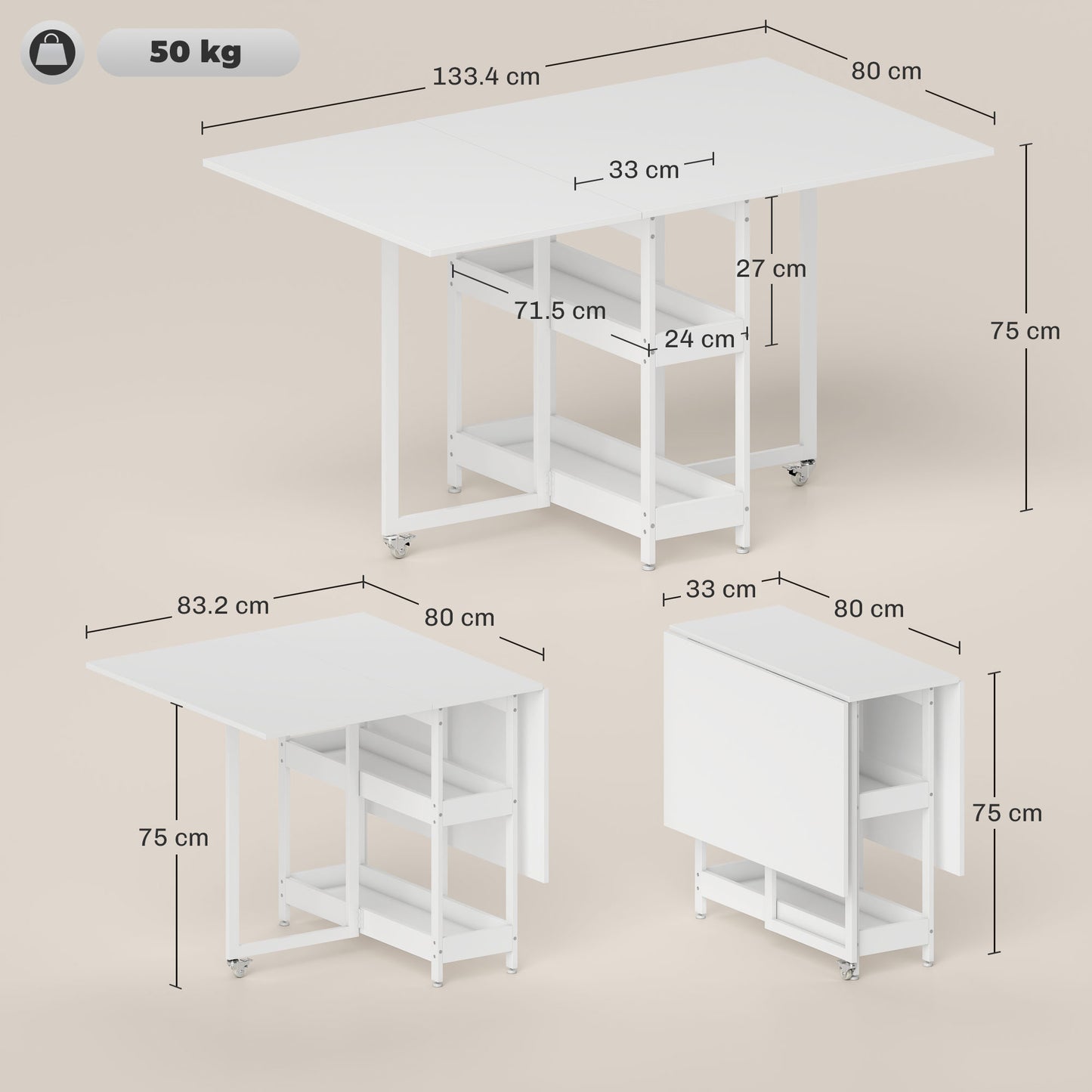 HOMCOM Four Person Drop Leaf Dining Table In White With Metal Frame And Sturdy Particle Board Panels