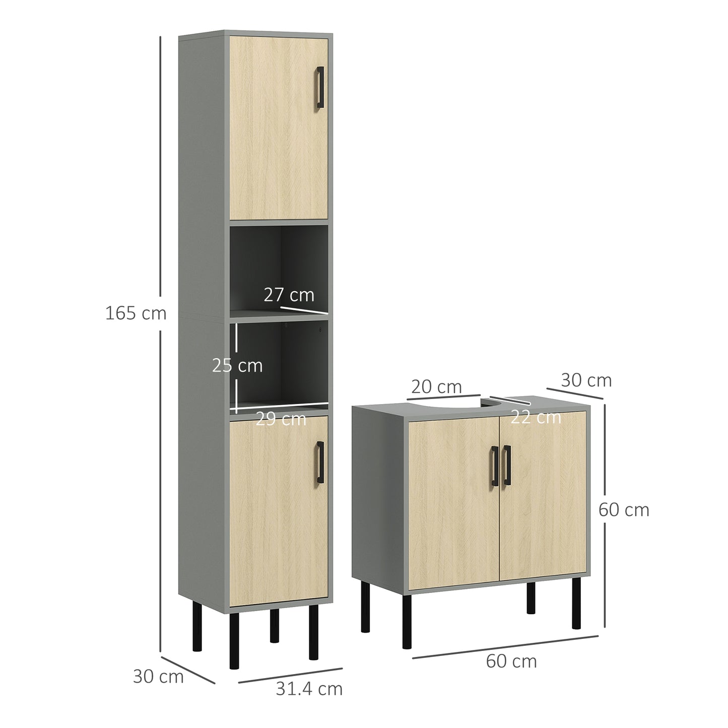 Kleankin Bathroom Furniture Set With Doors Tall Freestanding Cabinet With Adjustable Shelves Under Sink Grey