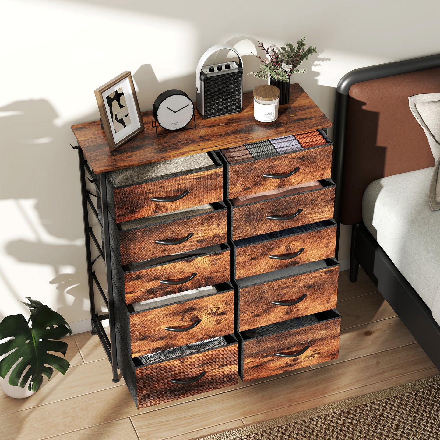 HOMCOM Chest Of Ten Fabric Drawers Rustic Brown With Steel Frame Six Small And Four Large Drawers