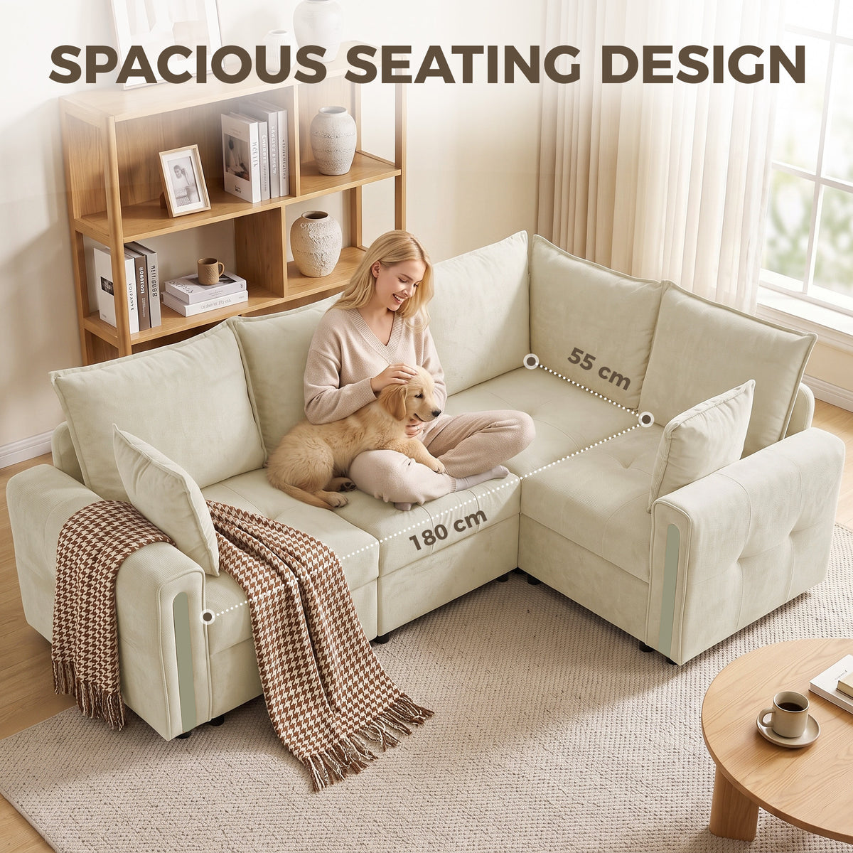 Beige L-shaped sofa with chaise-style seat and matching cushion pillows
