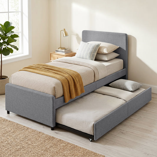 HOMCOM 3 Foot Single Bed Frame With Upholstered Pull Out Trundle Bed Headboard And Footboard Dark Grey