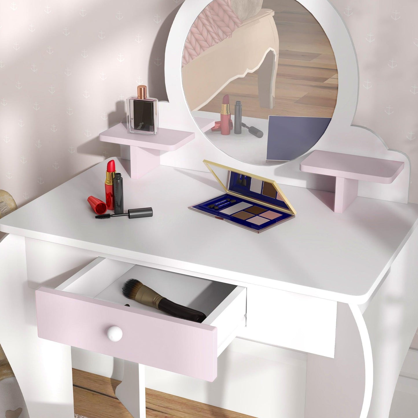 ZONEKIZ Bunny-Design Kids Dressing Table, with Mirror and Stool - White and Pink - ALL4U RETAILER LTD