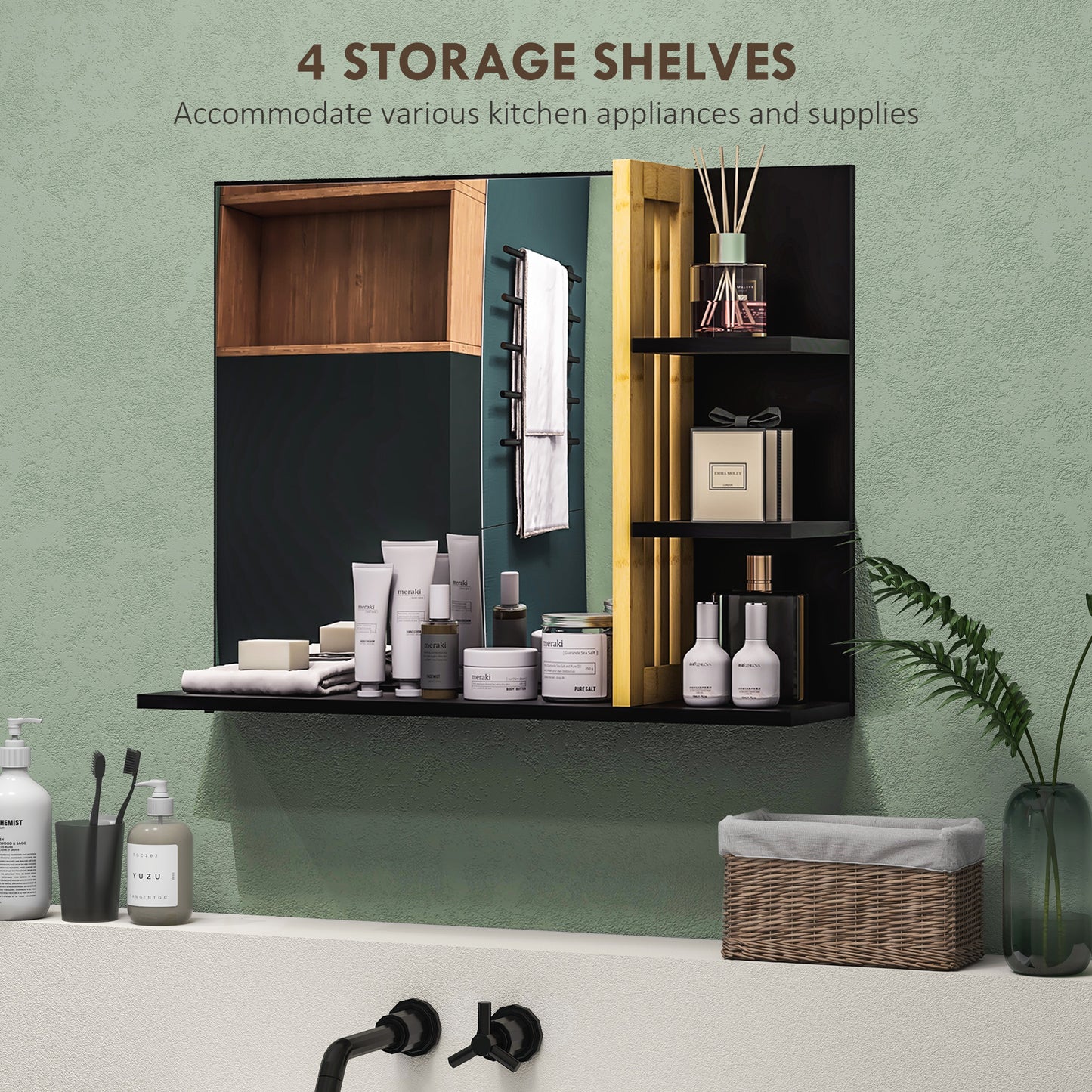 HOMCOM Bamboo Panel Bathroom Mirror With Four Shelves And Large Reflective Surface For Makeup And Toiletries Storage