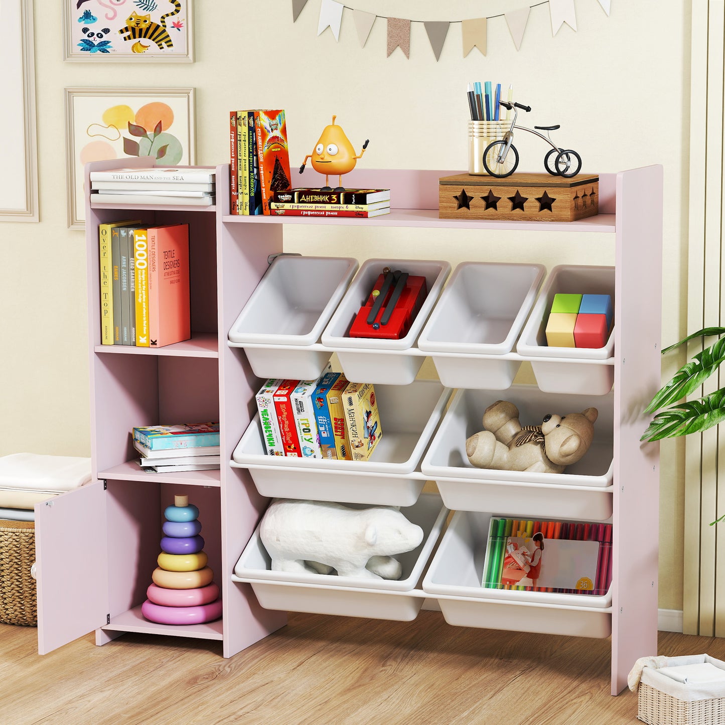 AIYAPLAY Pink Toy Storage Unit With 8 Removable Bins Shelves And Cabinet For Kids