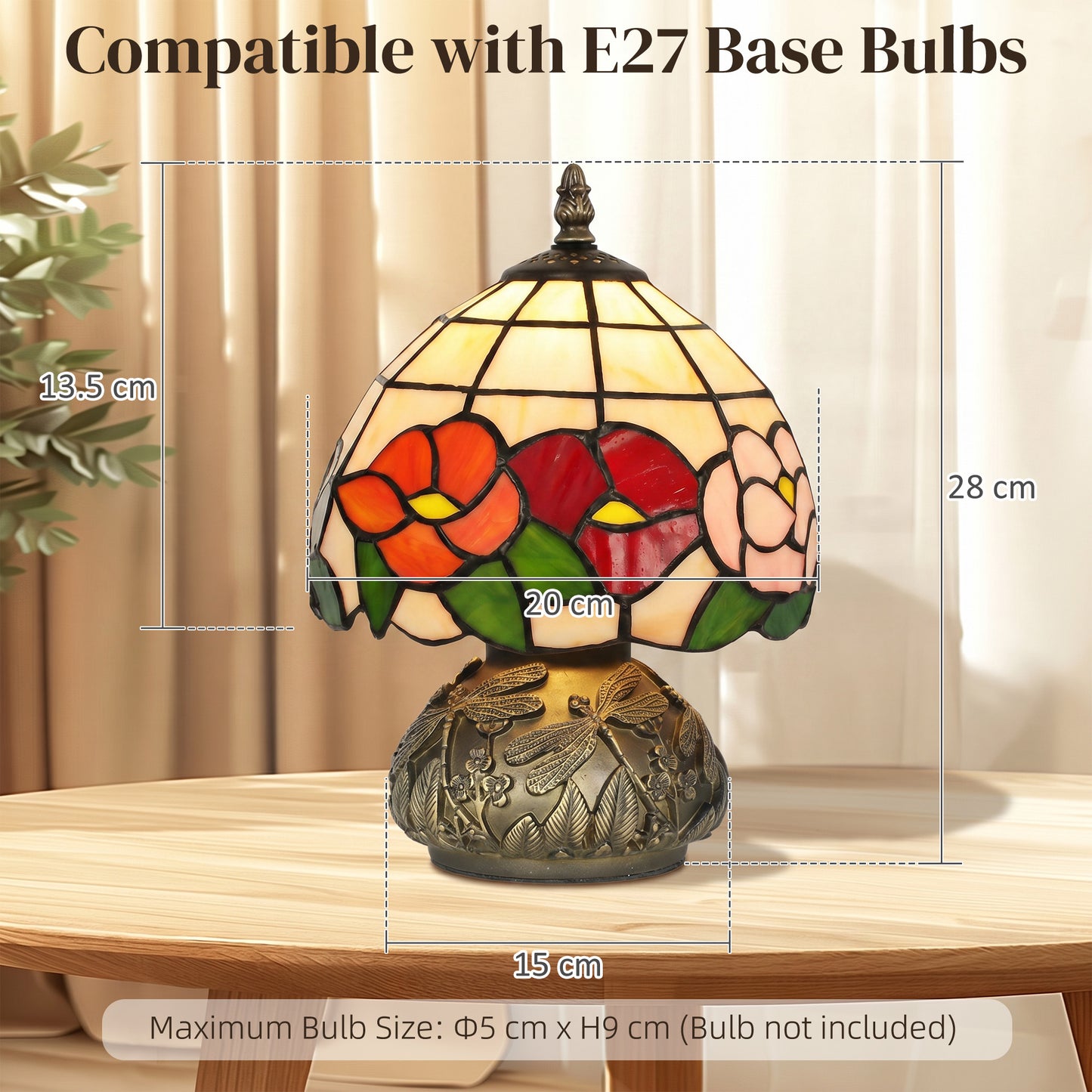 HOMCOM Handcrafted Classic Stained Glass Bedside Lamp Tiffany Style Lamp with Sculpted Dragonfly Base Multi Coloured