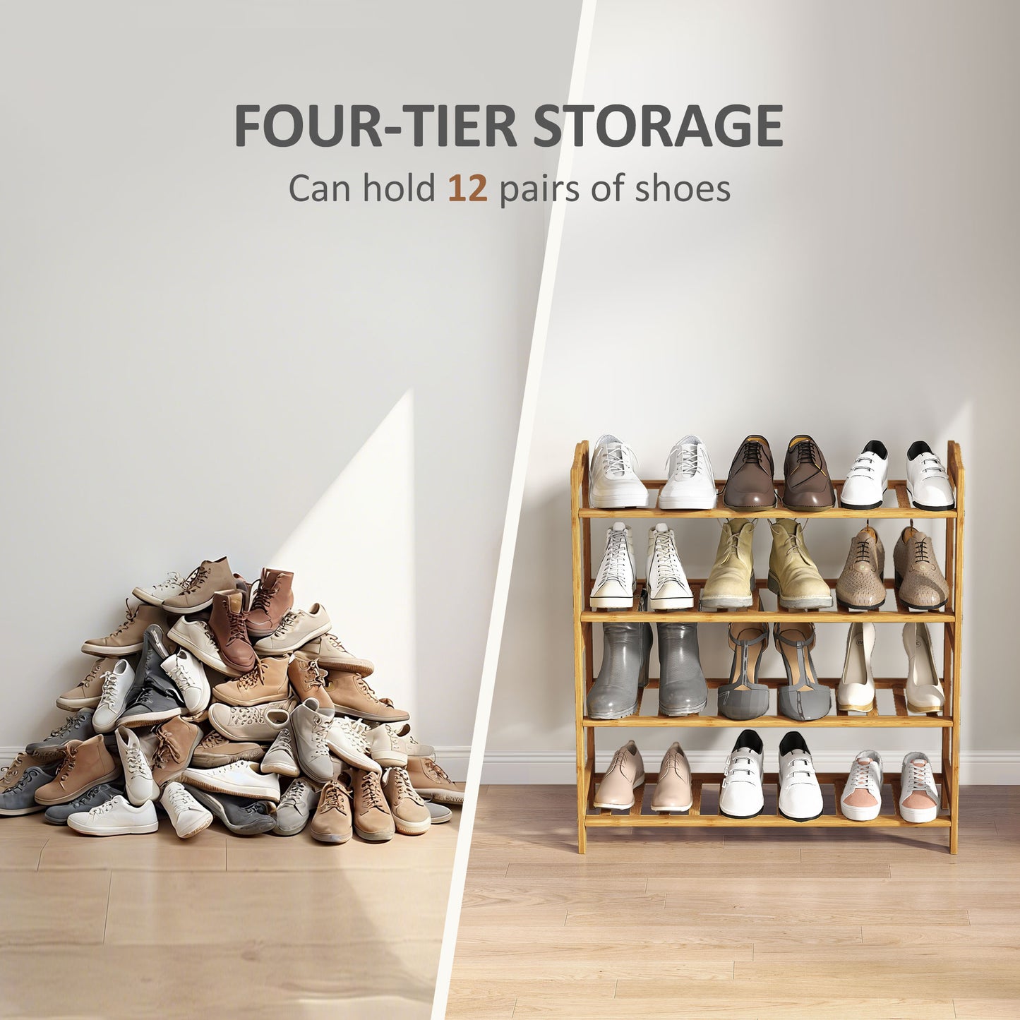 HOMCOM Freestanding Bamboo Shoe Rack 4 Tier Shoe Shelf Stand For Hallway Living Room Bedroom Natural Wood Finish