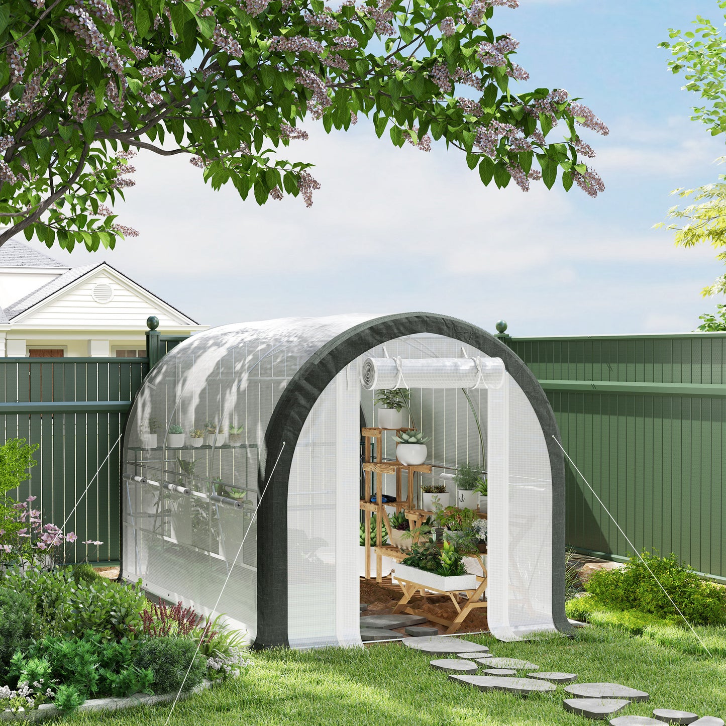 Outsunny 3 x 2 M Walk In Tunnel Greenhouse With Accessories White Galvanized Steel Frame And Two Layer Mesh Cover