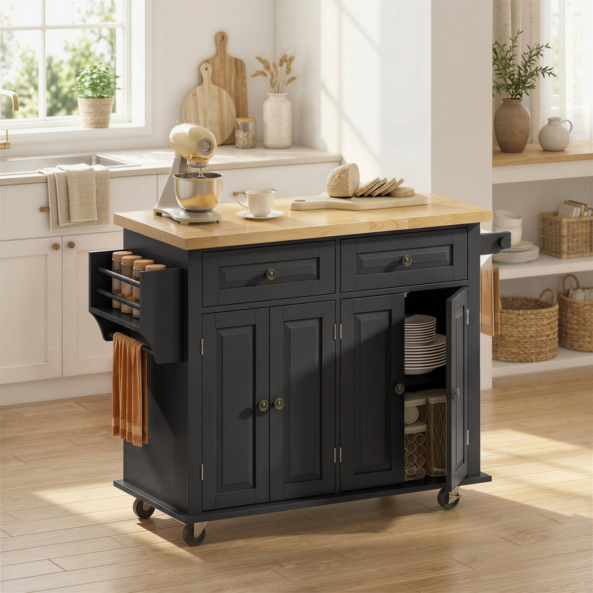 Black rolling kitchen island cart with rubberwood top, drawer fronts, and side cabinet storage