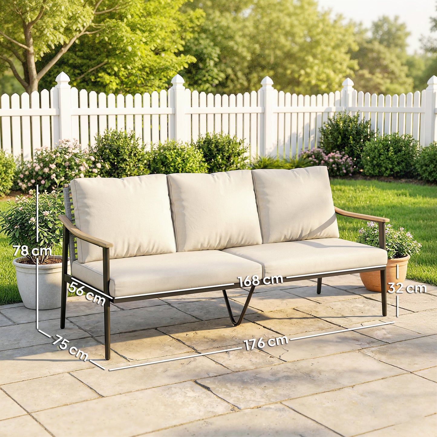 Outsunny 3 Seater Rattan Sofa Outdoor Garden Sofa With Wood Effect Armrests Cushions For Patio Balcony Khaki