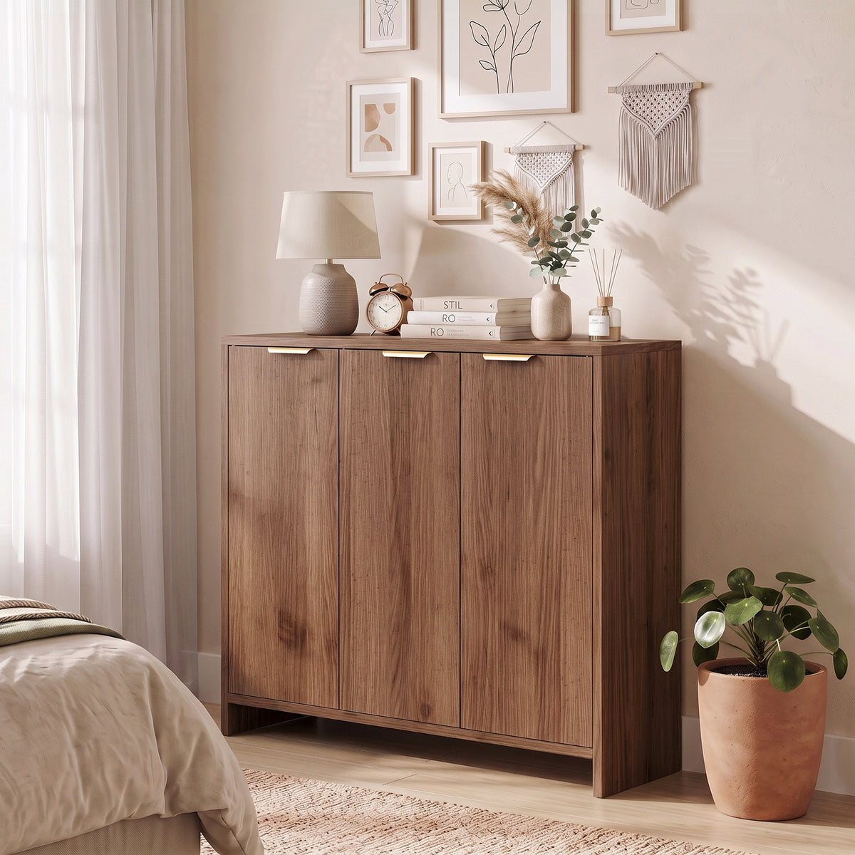 Brown three-door sideboard cabinet with top decor and front panel doors