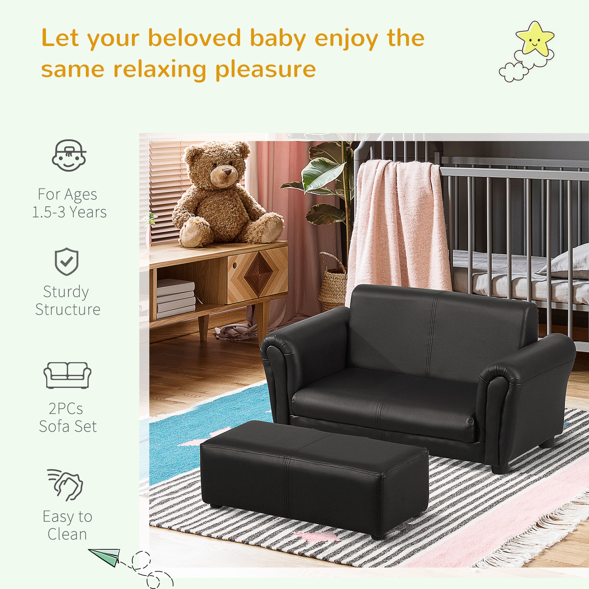 HOMCOM 2 Seater Toddler Chair Kids Twin Sofa Childrens Double Seat Chair Furniture Armchair Boys Girls Couch Footstool Black - ALL4U RETAILER LTD