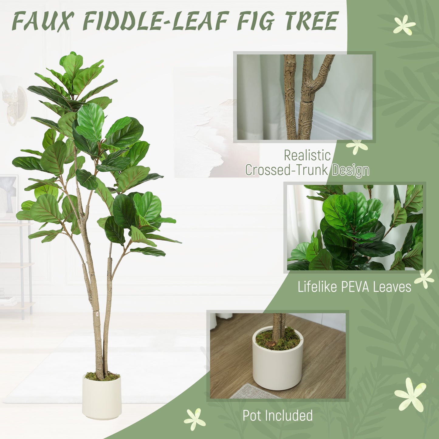 HOMCOM 150cm Artificial Ficus Tree in White Cement Planter with Weighted Base for Realistic Green Indoor Decor