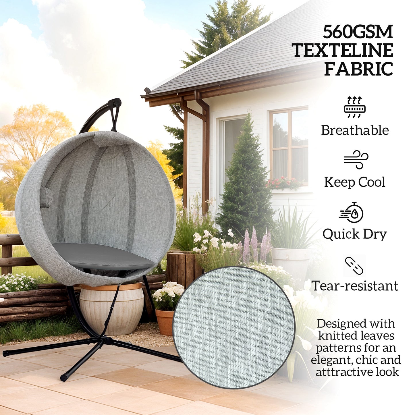Outsunny Hanging Egg Chair for Patio Outdoor Indoor Garden Swing with Folding Basket Thick Cushion Cup Holder Grey