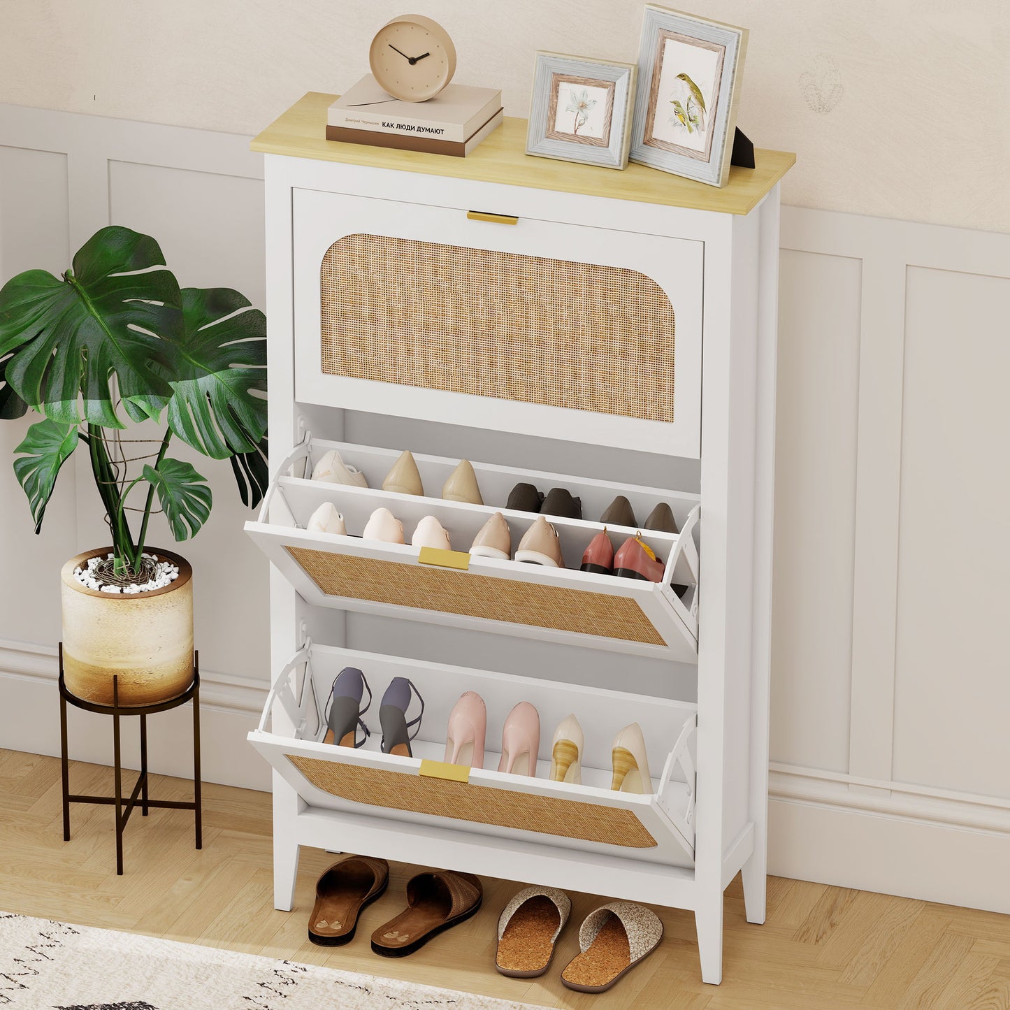 HOMCOM Narrow Shoe Cabinet Boho Slim Shoe Storage With 3 Flip Drawers Holds 21 Pairs White