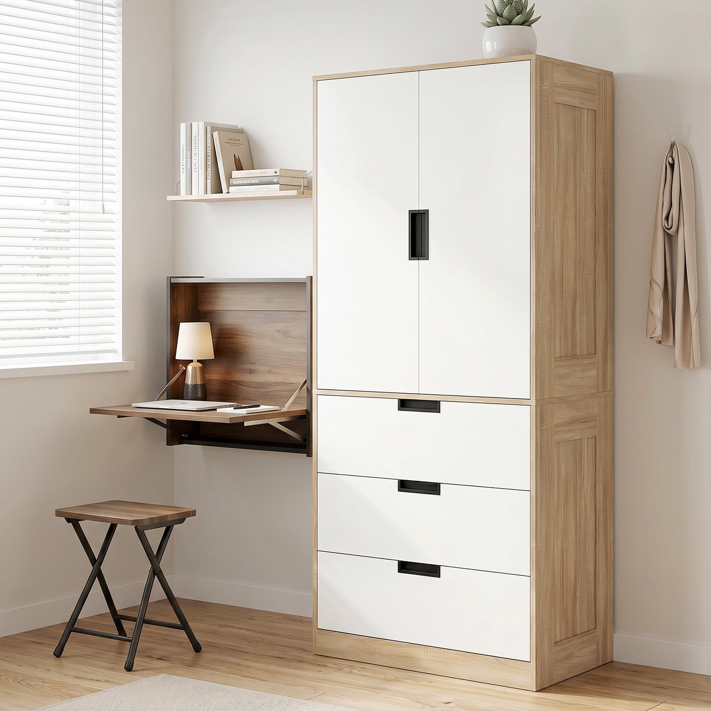 HOMCOM Modern Oak And White Wardrobe With Hanging Rod 3 Drawer 2 Door Storage Cupboard