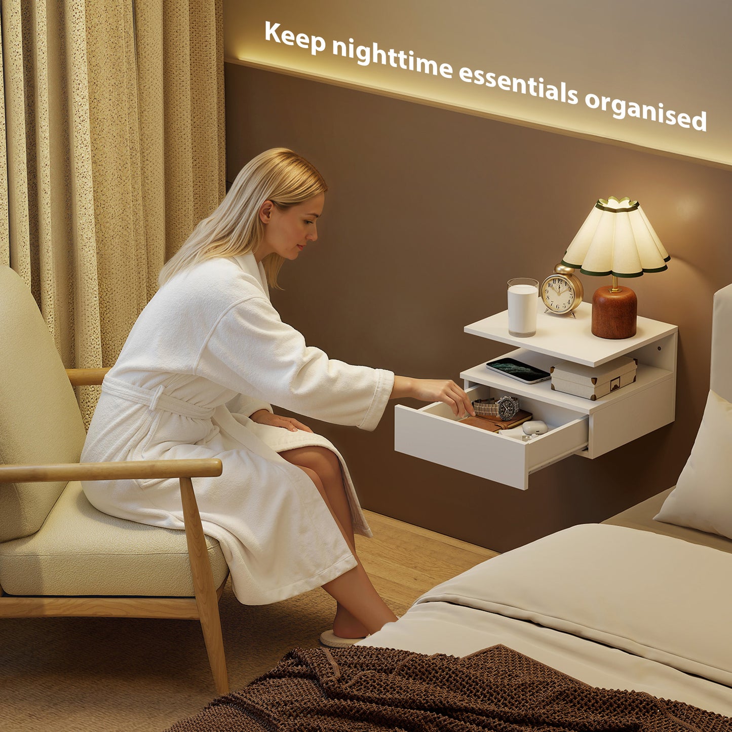 Homcom Floating Bedside Table Set Of Two White Modern Nightstands With Drawers And Open Shelves