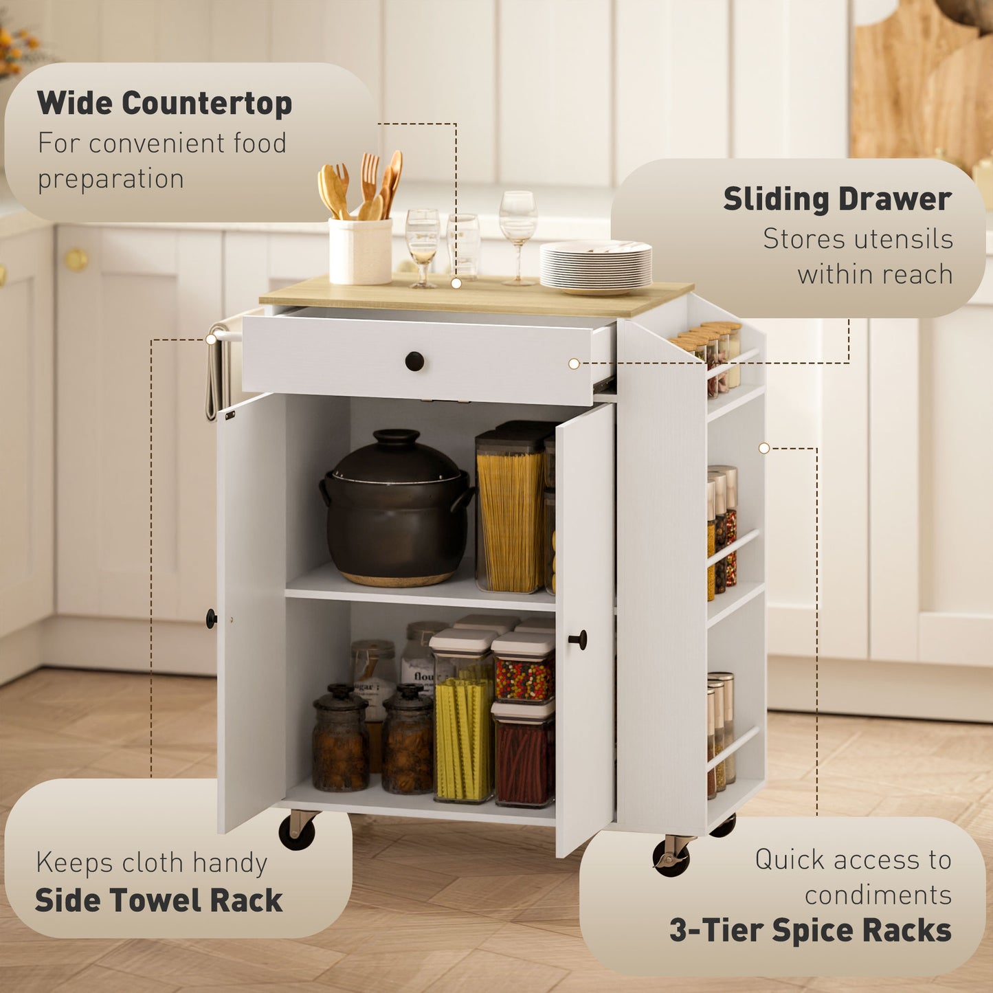 HOMCOM Rolling Kitchen Island With 3 Tier Spice Rack And Drawer Towel Rack White