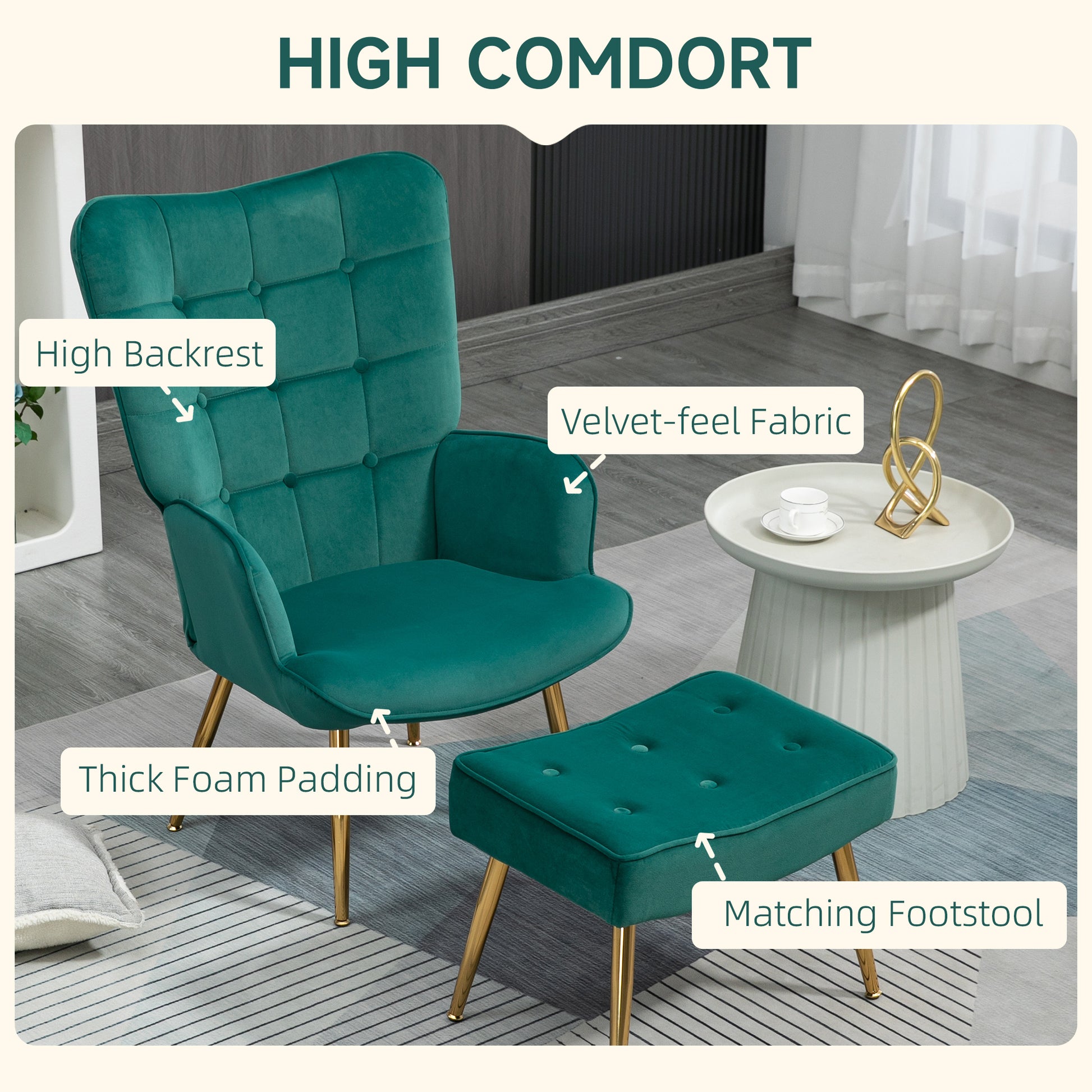 HOMCOM Upholstered Armchair Footstool Set Modern Button Tufted Accent Chair Gold Tone Steel Legs Wingback Chair Dark Green - ALL4U RETAILER LTD