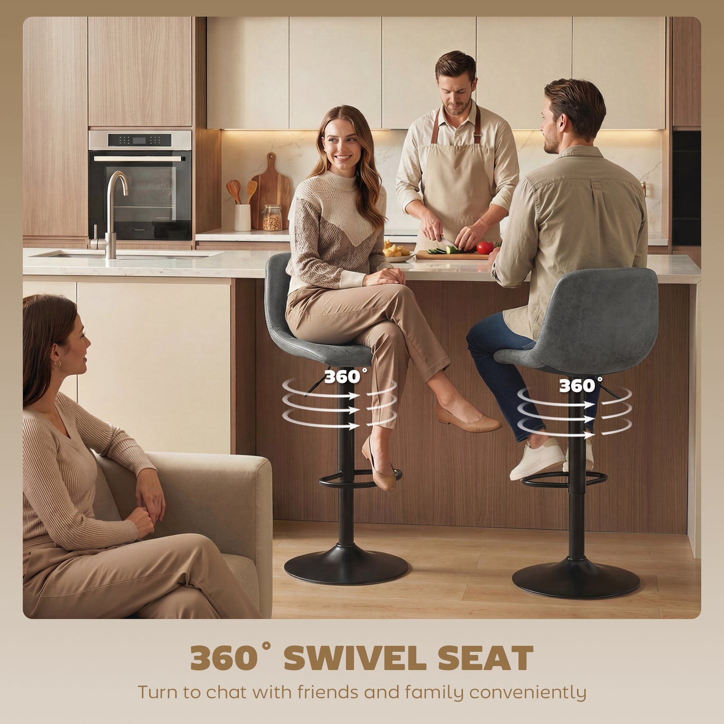 HOMCOM Bar Stools Set Of 2 Modern Swivel Barstools With Footrest Adjustable Height 60 cm To 82 cm For Kitchen Island Grey