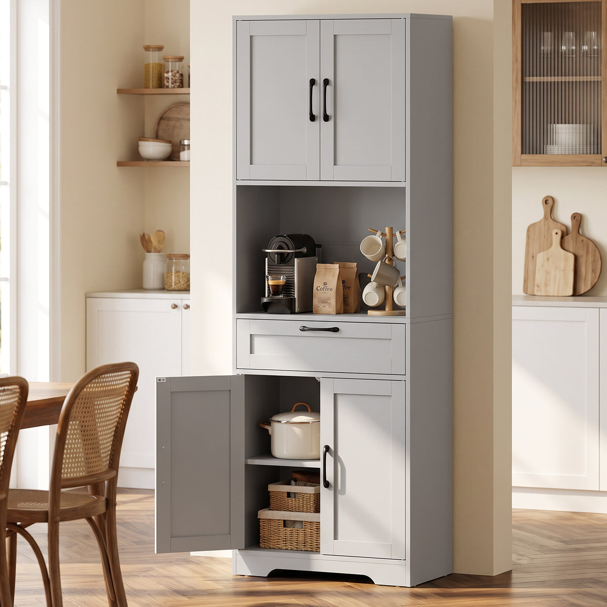 Kitchen pantry cabinet with top double doors, open middle shelf, and lower door storage