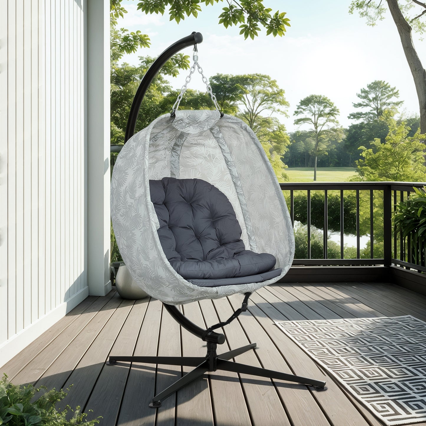 Outsunny Hanging Egg Chair With Stand Folding Basket Thickened Cushion Cup Holder For Patio Balcony Grey