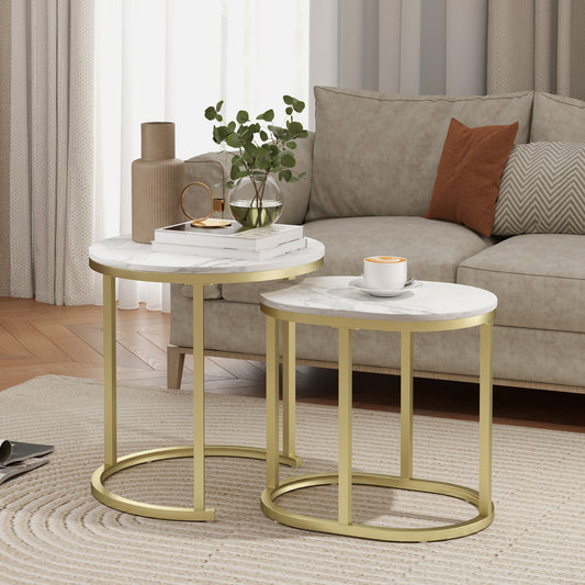 HOMCOM Nest Of Tables With Steel Frame And Faux Marble Tabletops, Modern Coffee Table Set Of 2, Gold Tone And White