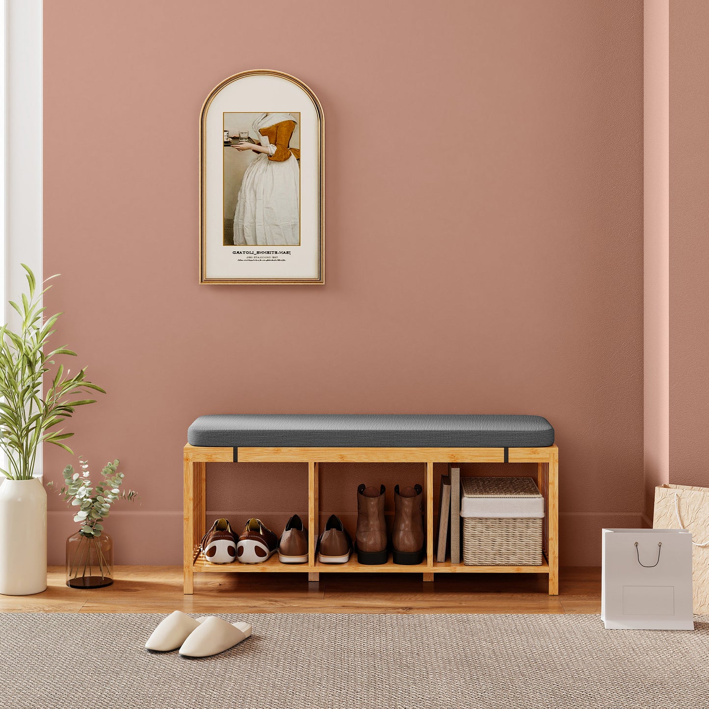 HOMCOM Bamboo Shoe Bench With Padded Cushion And Storage Open Shelf Entryway Organizer In Natural Wood Finish