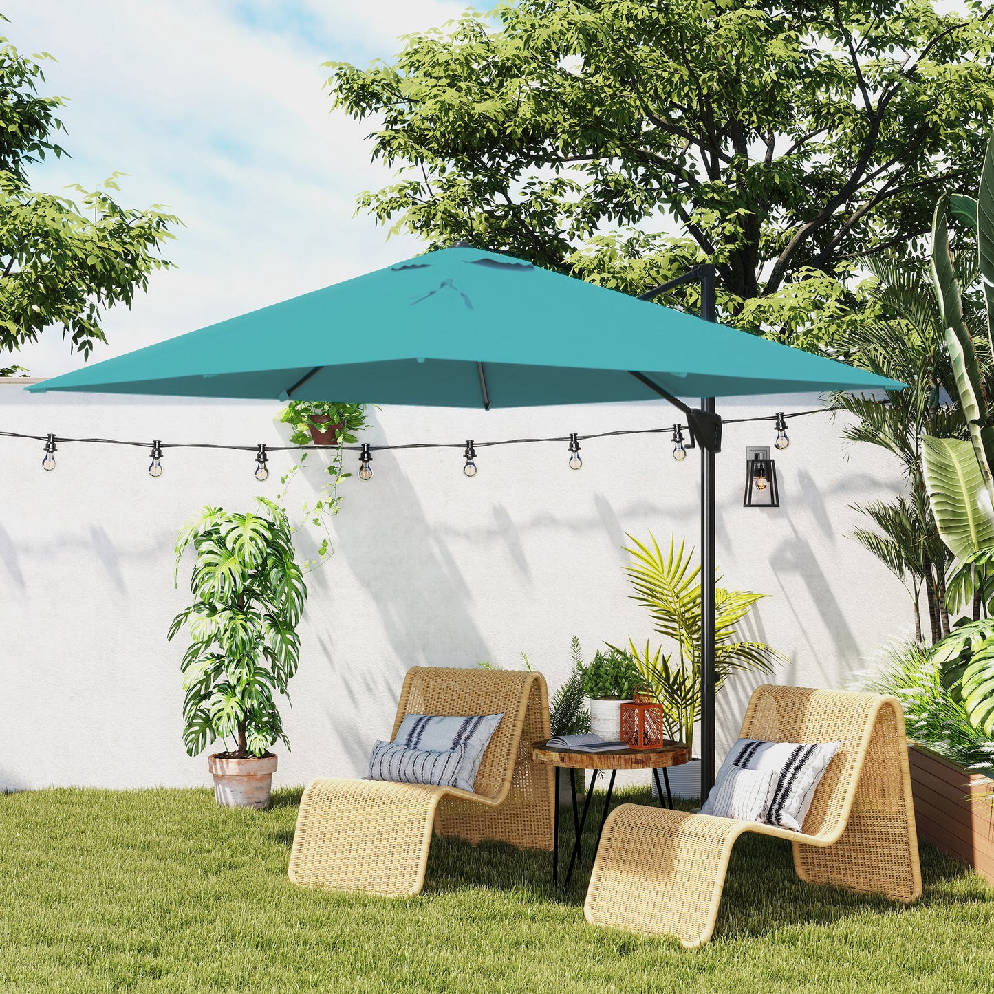 Outsunny Patio Offset Cantilever Parasol Umbrella With Base Blue, Adjustable 360 Degree Rotation And Five Positions