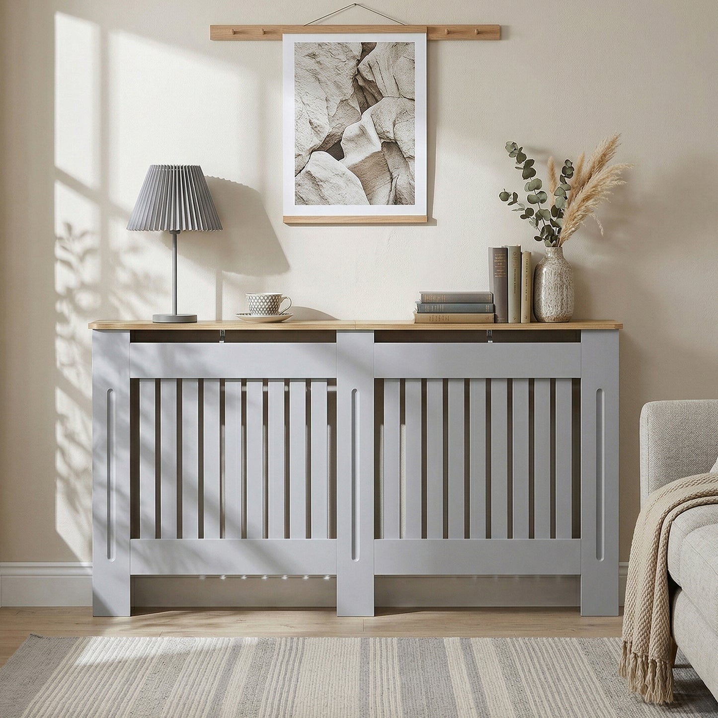 HOMCOM Slatted Radiator Cover Painted Cabinet with Line Grill Design 152L x 19W x 81H cm Grey