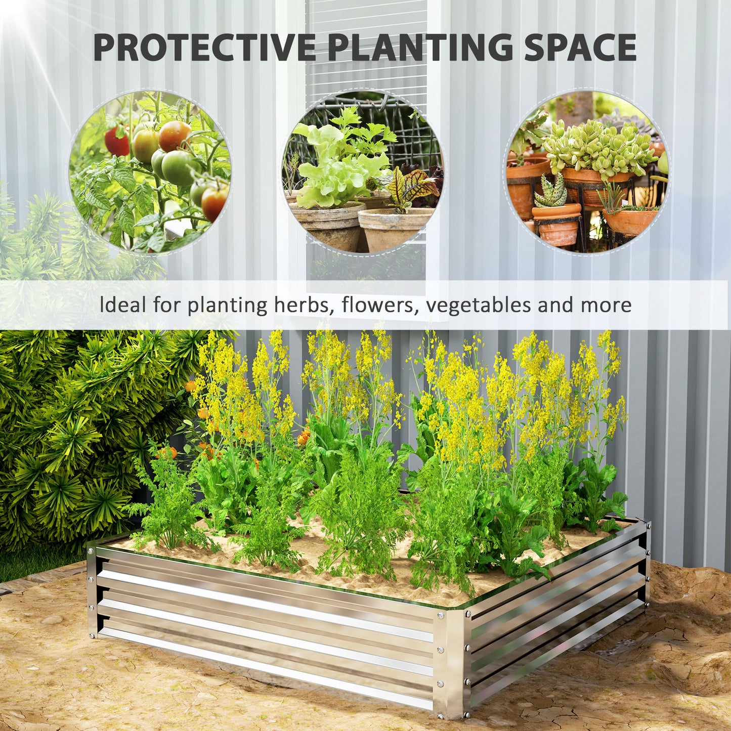 Outsunny Square Raised Garden Bed Box With Weatherized Steel Frame For Vegetables And Herbs 120x120x30cm Silver Tone