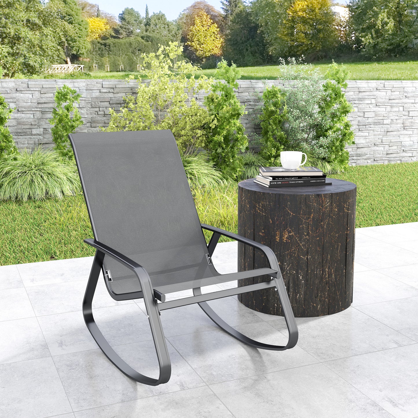 Outsunny Grey Rocking Garden Chair With Texteline Seat 110 To 150 Degree Motion