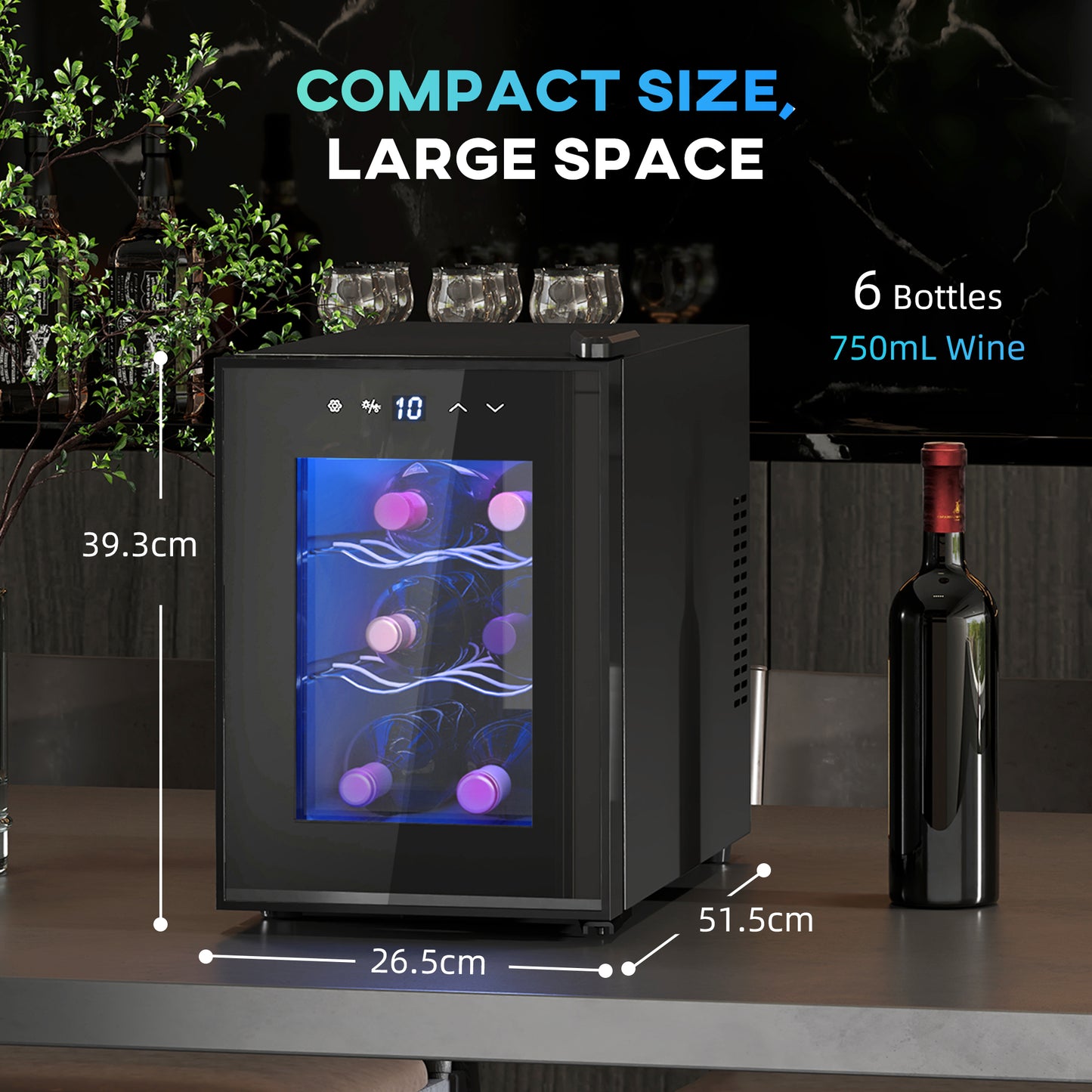 HOMCOM Six Bottle Countertop Wine Fridge Black With Adjustable Chrome Racks 8-18 Celsius Triple Glass Door