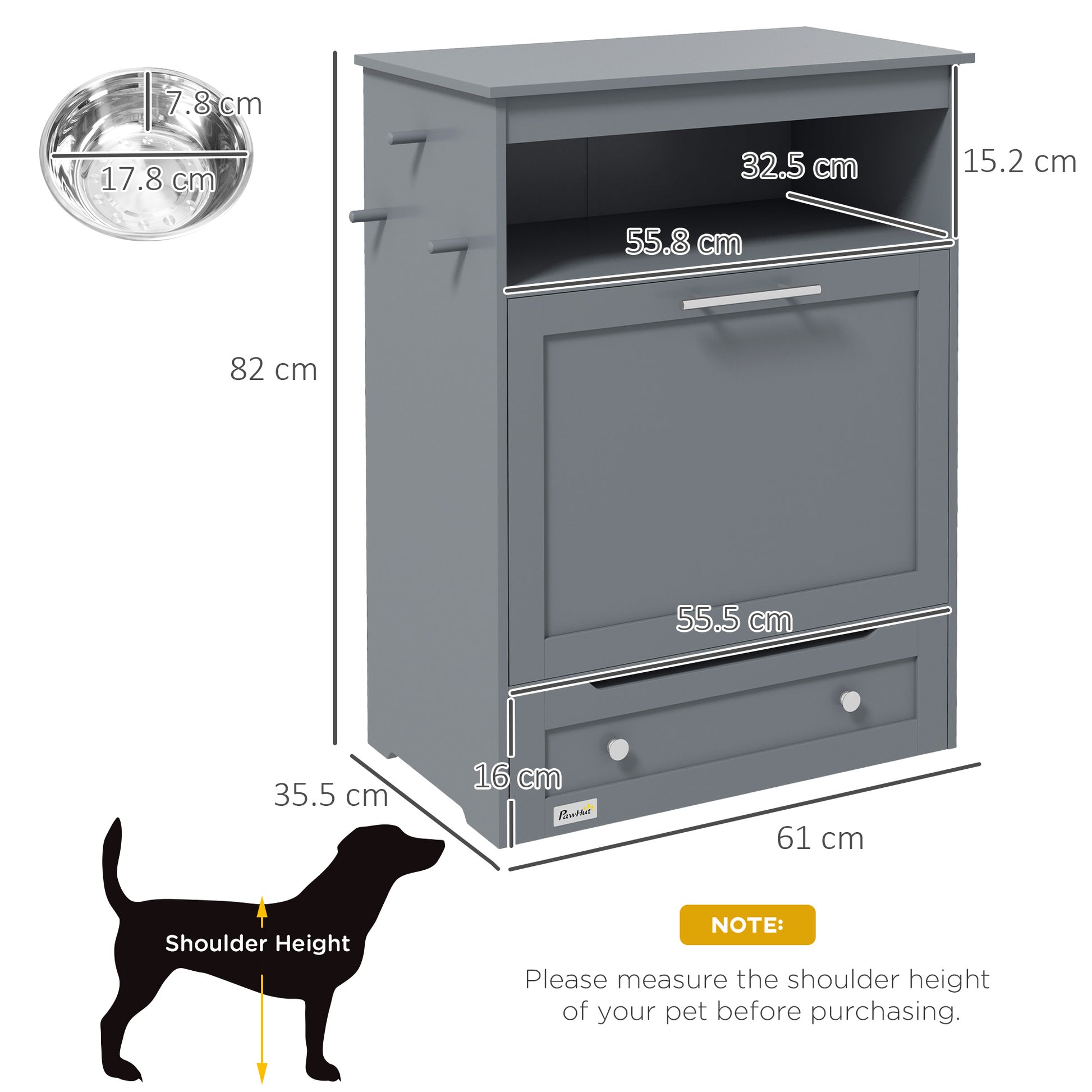 PawHut Pet Feeder Storage Cabinet with Raised Bowls and Hooks for Supplies – Grey - ALL4U RETAILER LTD