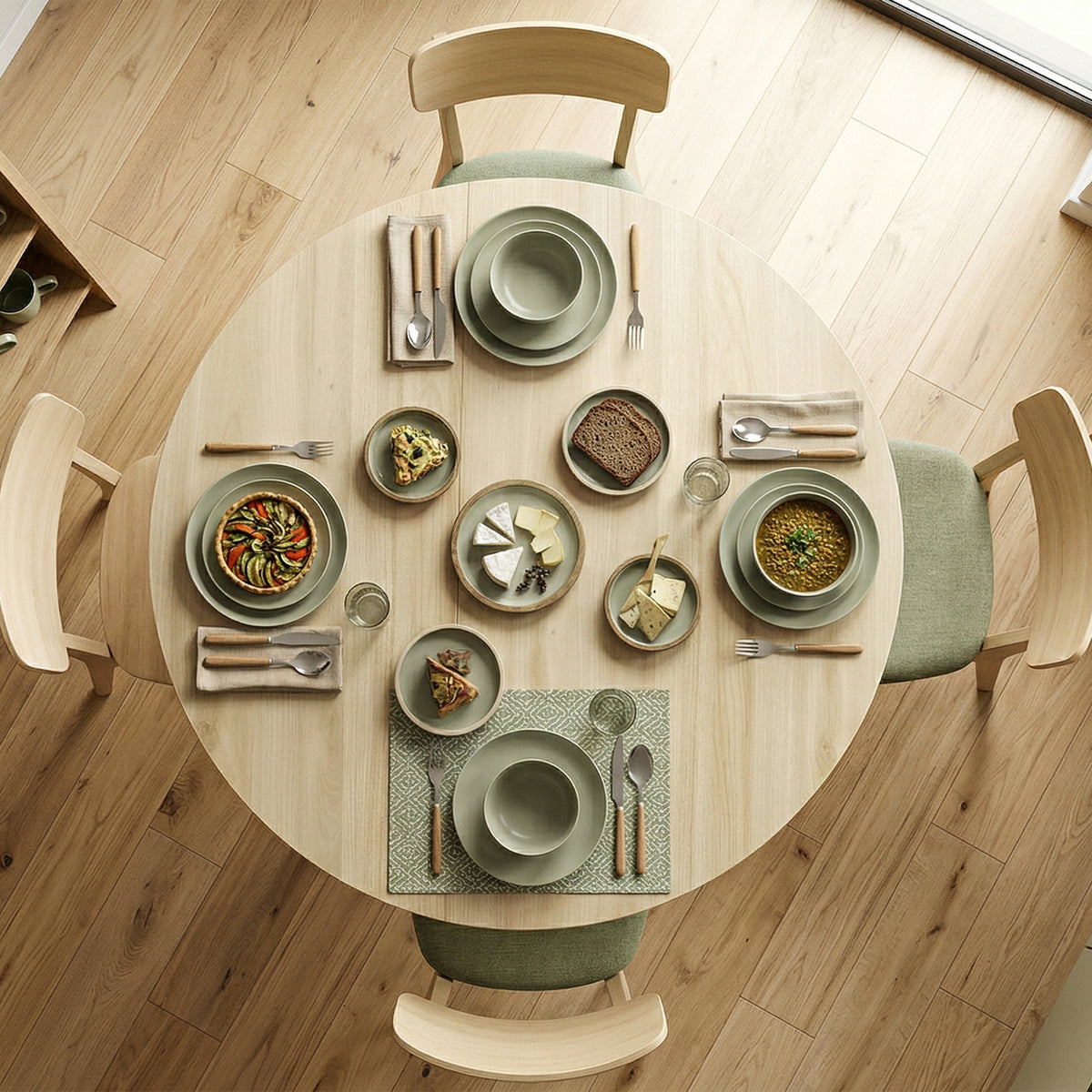Top view of round light wood dining table with place settings and chairs