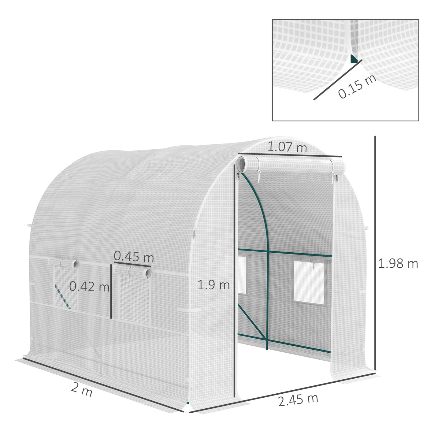 Outsunny 245 By 200 Cm Polytunnel Greenhouse With Four Windows Roll Up Door Steel Frame Durable Outdoor Garden Shelter