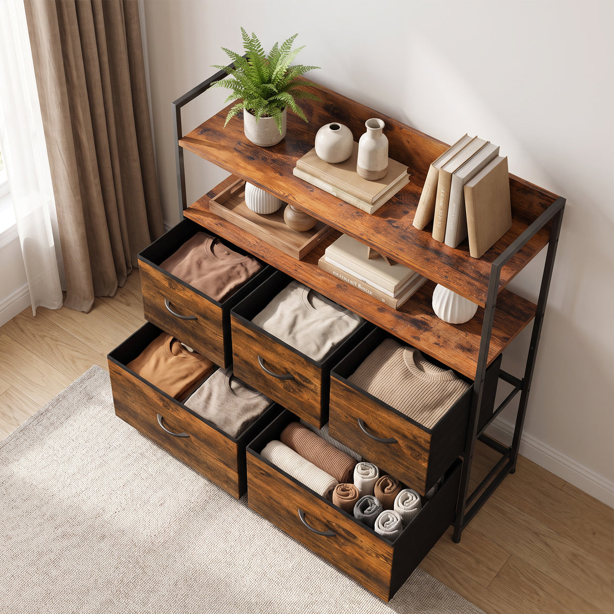 Rustic brown dresser with open shelves and fabric drawer compartments