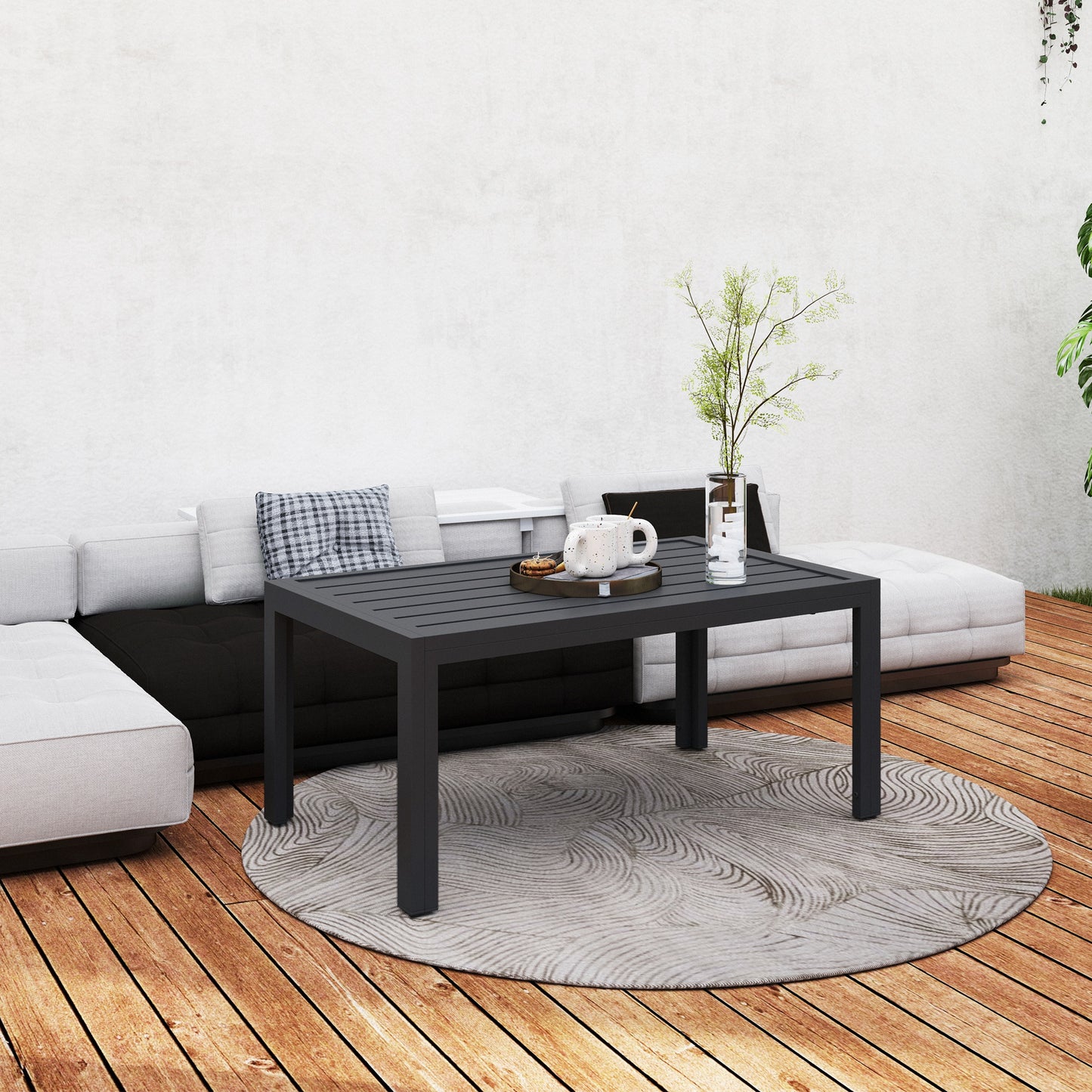 Outsunny Outdoor Side Table Rectangular Patio Table with Steel Frame and Slat Tabletop for Garden Balcony Grey