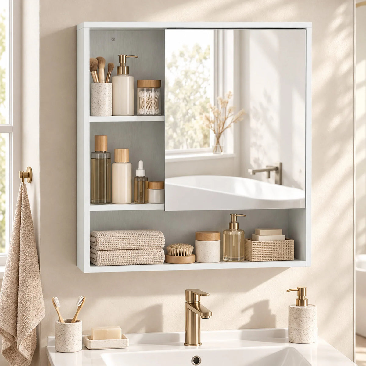 White wall-mounted bathroom mirrored cabinet with open shelves and hinged mirror door